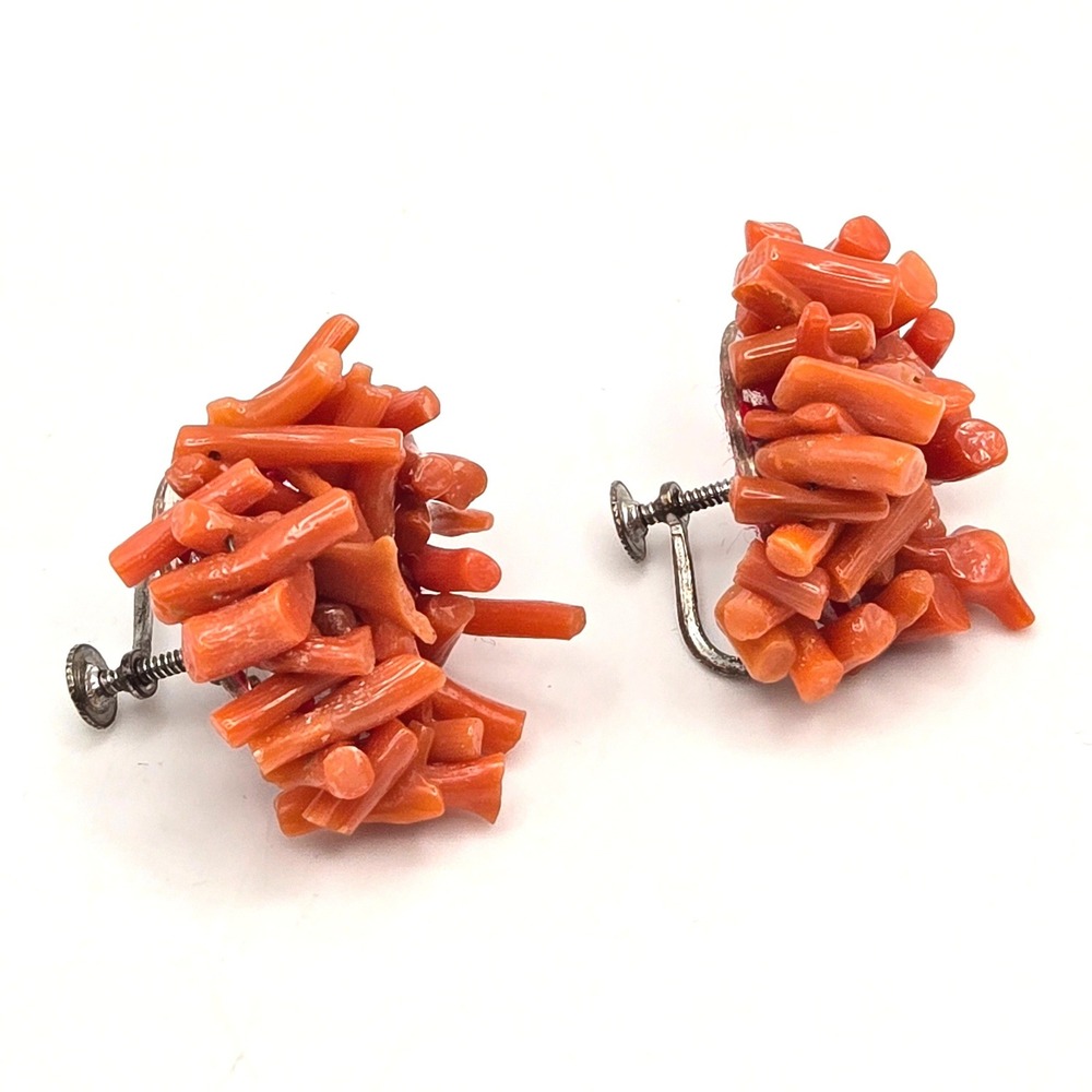 Vintage 50s Natural Red Coral Branch Cluster Sterling Silver Screw Back Earrings - Picture 2 of 7